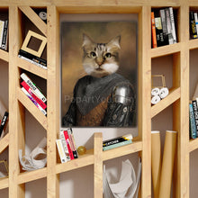 Load image into Gallery viewer, Portrait of a cat with the body of a knight hangs on a white wall inside a rack