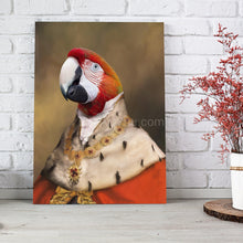 Load image into Gallery viewer, A portrait of a parrot with a human body dressed in historical royal clothes stands on a wooden floor near a white brick wall