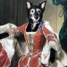 Load image into Gallery viewer, The portrait shows a female dog with a human body dressed in a red regal dress with white fur