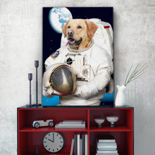 Load image into Gallery viewer, Portrait of a dog with a human body dressed in white Astronaut clothes stands on a red table near a white vase