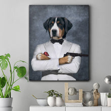 Load image into Gallery viewer, Portrait of a dog dressed in white bond clothes holding a pistol hangs on a white wall near a white vase