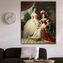 Load image into Gallery viewer, Portrait of two women dressed in historical royal clothes hangs on a white wall near the clock above the sofa