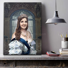Load image into Gallery viewer, A portrait of a woman dressed in the royal clothes of a Princess stands on a gray wooden table
