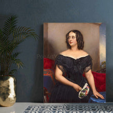 Load image into Gallery viewer, Portrait of a woman with dark hair dressed in a royal dress stands on a white table next to a tree in a vase