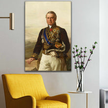 Load image into Gallery viewer, Opposite the yellow armchair on the wall hangs a portrait of a man dressed in a royal costume
