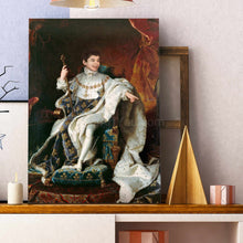 Load image into Gallery viewer, Portrait of a boy dressed in royal clothes stands on a wooden shelf near a candle