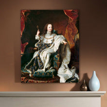 Load image into Gallery viewer, A portrait of a boy dressed in regal attire hangs on a beige wall near two vases
