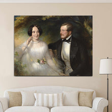 Load image into Gallery viewer, Portrait of a couple dressed in historical royal attires in white and black hanging on a beige wall above the sofa