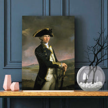 Load image into Gallery viewer, A portrait of a man standing on the beach dressed in regal attire stands on a table against a blue wall