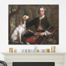 Load image into Gallery viewer, A portrait of a man sitting next to a dog dressed in historical royal clothes hangs on a white wall