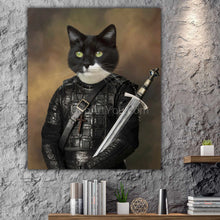 Load image into Gallery viewer, A portrait of a cat in a historical warrior costume hangs on a gray wall above a shelf