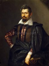 Load image into Gallery viewer, The portrait shows a man with a mustache dressed in dark regal attire with a hat