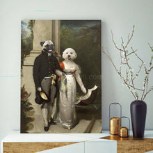 Load image into Gallery viewer, Portrait of a married couple of two dogs with human bodies dressed in black and white clothes stands on a gold table near a gray vase