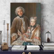 Load image into Gallery viewer, Portrait of a couple with gray hair dressed in historical royal clothes stands on a blue table near books