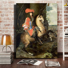Load image into Gallery viewer, A portrait of a man sitting on a horse dressed in historical royal clothes stands on a brown floor against a brick wall