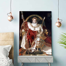 Load image into Gallery viewer, A portrait of a man dressed in renaissance regal attire sitting on an imperial throne stands on a table against a blue wall
