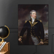 Load image into Gallery viewer, A portrait of a man standing on the beach dressed in renaissance royal clothes hangs on the gray wall next to the globe