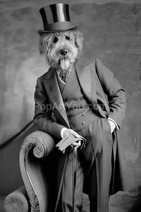 A gentleman wearing a top hat with gloves retro pet portrait