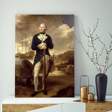 Load image into Gallery viewer, A portrait of a man standing on the seashore dressed in renaissance regal attire stands on a table next to a vase