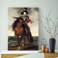 Load image into Gallery viewer, A portrait of a man sitting on a horse dressed in historical royal clothes stands on a gold table against a blue wall