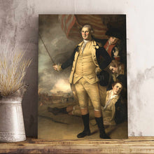 Load image into Gallery viewer, A portrait of the men standing at the flag dressed in renaissance regal royal attire stands on a wooden table