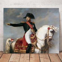 Load image into Gallery viewer, A portrait of a man sitting on a white horse dressed in historical royal clothes stands on the wooden floor