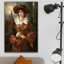Load image into Gallery viewer, Portrait of a woman dressed in regal clothes with a red hat hanging on a white wall over a gray sofa