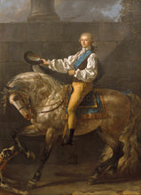 Load image into Gallery viewer, The portrait shows a man against a brick wall sitting on a horse dressed in renaissance regal attire