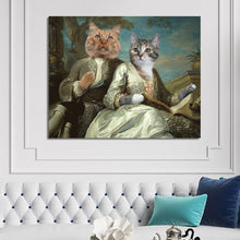Load image into Gallery viewer, Portrait of a dreaming couple of two cats with human bodies dressed in silver royal clothes hangs on the white wall above the sofa