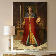 Load image into Gallery viewer, A portrait of a man dressed in red regal attire hangs on a beige wall next to a lamp