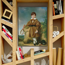 Load image into Gallery viewer, Portrait of a boy dressed in green royal clothes playing badminton stands on a wooden shelf