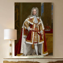 Load image into Gallery viewer, A portrait of a man with long white hair dressed in historical royal clothes hangs on the beige wall next to a lamp