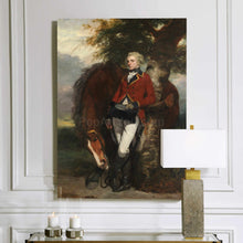 Load image into Gallery viewer, A portrait of a man standing next to a horse dressed in historical royal clothes hangs on a white wall