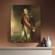 Load image into Gallery viewer, A portrait of a man standing on the beach dressed in historical royal clothes hangs on the beige wall above a white table
