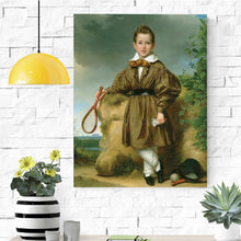 Load image into Gallery viewer, Portrait of a girl dressed in a green royal dress playing badminton hanging on a white brick wall