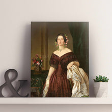 Load image into Gallery viewer, Portrait of a woman dressed in brown royal clothes stands on a white table next to a flower