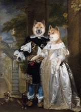 Load image into Gallery viewer, The portrait shows a married couple of two dogs with human bodies dressed in silver royal clothes