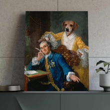 Load image into Gallery viewer, Portrait of a man with gray hair with a dog with the body of a man dressed in blue royal attires stands on a green table near a flowerpot