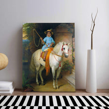 Load image into Gallery viewer, Portrait of a girl dressed in a blue royal dress sitting on a white horse stands on a wooden floor