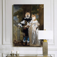 Load image into Gallery viewer, Portrait of a married couple of two dogs with human bodies dressed in silver royal clothes hangs on a white wall near two candles and a lamp