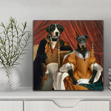 Load image into Gallery viewer, Portrait of a couple of two dogs with human bodies dressed in golden royal clothes stands on a white shelf near a glass vase