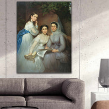 Load image into Gallery viewer, Portrait of three women dressed in royal blue dresses hanging on the gray wall above the sofa