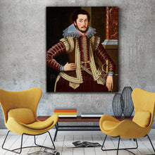 Load image into Gallery viewer, On the wall against the background of two yellow armchairs hangs a portrait of a man dressed in a renaissance costume
