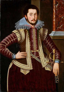 The portrait shows a man wearing a red historical costume
