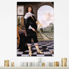 Load image into Gallery viewer, A portrait of a man with long hair dressed in historical school clothes hangs on a white wall