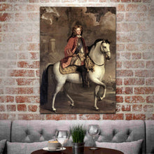 Load image into Gallery viewer, A portrait of a man sitting on a white horse dressed in historical royal clothes hangs on a red brick wall