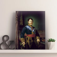 Load image into Gallery viewer, On a shelf against a gray wall is a portrait of a man dressed in a royal costume