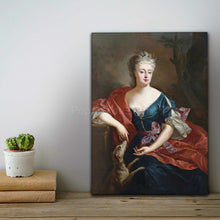 Load image into Gallery viewer, Portrait of a woman with gray hair dressed in regal attire stands on a wooden table next to a cactus