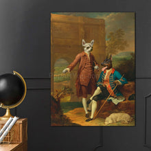 Load image into Gallery viewer, Portrait of two gentlemen dogs dressed in historical royal clothes hangs on a dark wall near a black globe