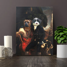 Load image into Gallery viewer, Portrait of two gentlemen dogs dressed in historical royal clothes hangs on a white wall near a yellow armchair